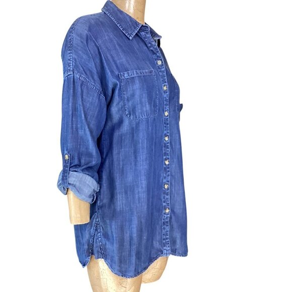 Coldwater Creek Dark Blue Chambray Button-Up Tunic Top Sz S/8 Tencel #321B - Picture 2 of 8